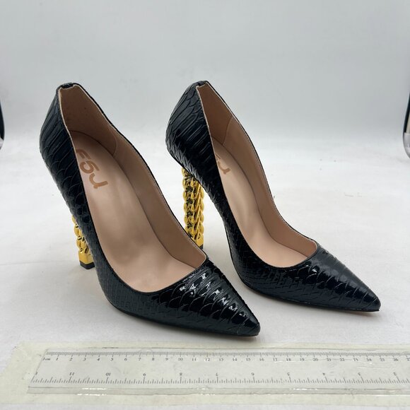 FSJ Black Snake Gold Metal Chain Chunky High Heel Pointed Toe Slip On Prom Pumps - Picture 4 of 8